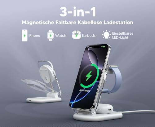 3 in 1 Mag Safe Ladestation für Apple Watch und iPhone & AirPods | faltbar iPhone Ladestation Kompatibel mit Mag Safe Ladegerät,für iPhone 18 pro/18 pro max/17e/Air-12,für Apple Watch,Airpods