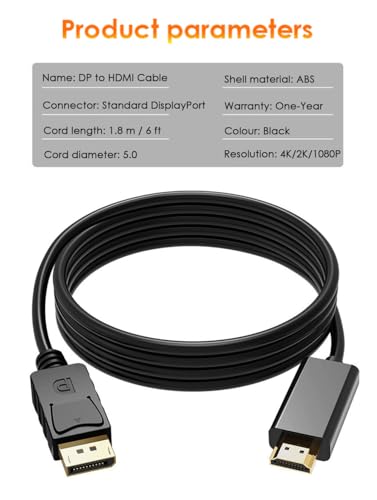 DisplayPort auf HDMI Kabel 1,8 m, 4K DP zu HDMI Kabeladapter, Unidirektionales DP 1.2 zu HDMI 1.4 Kabel, Kompatibel mit PC, TV, Monitor, Projektor, Laptop, Dell, HP und Mehr