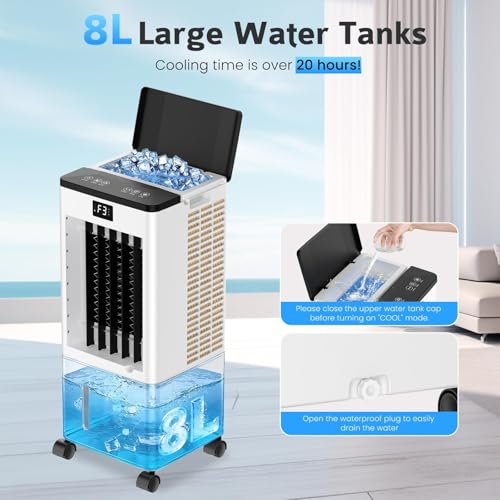 Klimaanlage Mobil Ohne Abluftschlauch, Verdunstungskühler Großer Wassertank 60W, Leiser Turmventilator Schlafmodus, 4 Modi 3 Geschwindigkeiten 1-12h Timer 60/120° Oszillierend Fernbedienung 4 Kühlakku