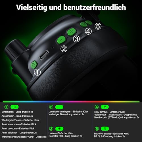 Krysenix Wireless Gaming Headset mit Mikrofon für PS5 PC Mac Switch | 2.4GHz + Bluetooth Modus, Noise Cancelling ,LED-Lichtern, faltbar,1000mAh Akku,Ideal für FPS, RPG - Tintenschwarz