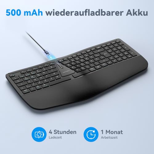 TECKNET Ergonomische Tastatur Kabellos, Deutsches QWERTZ Split Tastatur mit Handballenauflage, Wiederaufladbar Ergo Funktastatur, Bluetooth & USB Natürliches Tippen für Windows/Mac