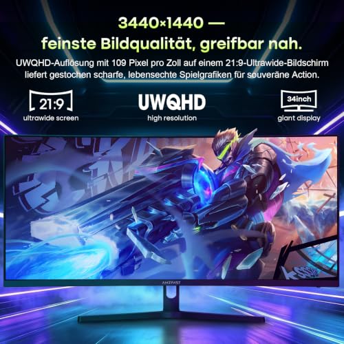 Amzfast 34 Zoll Curved Gaming Monitor, 3440x1440 UWQHD, 240Hz, 1ms MPRT, 1500R VA Curved, 21:9, 3000:1 Kontrast, 450cd/m², 131% sRGB, Adaptive Sync, Pip/PBP, HDMI2.1&DP1.4, VESA100×100, AMZG34C8 Pro
