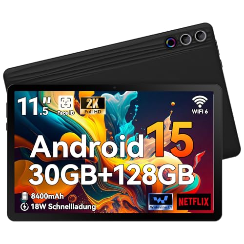 Tablet｜Android 15 Tablet 11,5 Zoll Octa-Core, Android Tablets 30GB+1TB TF, 2000*1200 FHD 90Hz Display, 8400mAh, Widevine L1, 13MP Kamera, WiFi 6&BT 5.3, Tablet PC für Arbeit/Studium - Schwarz