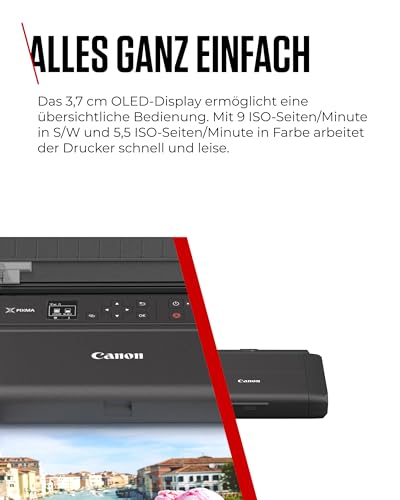 Canon PIXMA TR150 mobiler Drucker (WLAN, Cloud, AirPrint, 4.800 DPI x 1.200 DPI, Highspeed USB Typ C, OLED-Display, Tintenstrahldrucker), schwarz, 322 x 185 x 66 mm