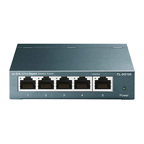TP-Link TL-SG105 5-Ports Gigabit Netzwerk Switch (bis 2000 MBit/s im Vollduplexmodus, geschirmte RJ-45 s, Metallgehäuse, optimiert Datenverkehr, IGMP-Snooping, unmanaged, lüfterlos) blau metallic