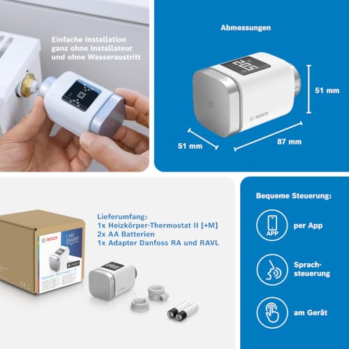 Bosch Smart Home Heizkörper-Thermostat II [+M], smartes Heizkörperthermostat für intelligentes Heizen & Energiesparen, mit Matter, App-Steuerung, Apple Home, Google Home & Alexa, Controller benötigt