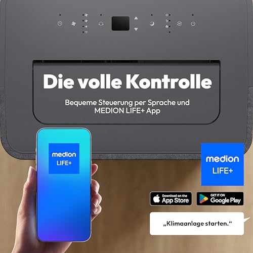 MEDION Smarte Mobile Klimaanlage mit Abluftschlauch P1202 (12000 BTU, mobil, inkl. Fensterabdichtung, bis 42m², 3in1 Kühlen Entfeuchten Ventilieren, App- und Sprachsteuerung, Schlafmodus