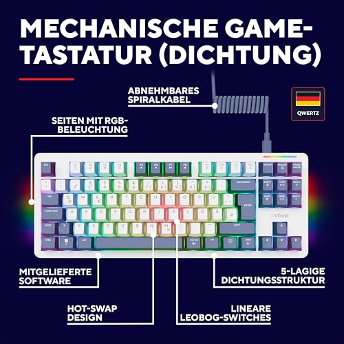 GXTrust Xyra Gasket TKL Mechanische Tastatur Deutsches Layout (QWERTZ) | Hot-Swap Creamy Gaming Tastatur 80%, USB Kabel, RGB Beleuchtung Programmierbar, 5-pin Leobog Linear 60M Schaltern, Weiß