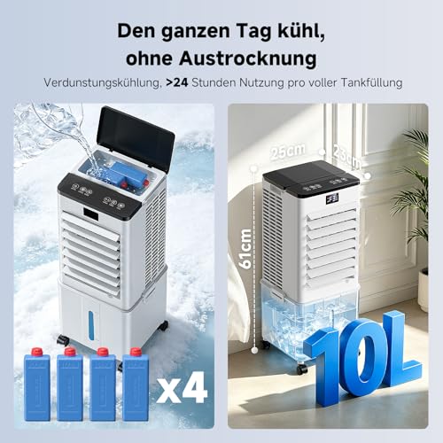 Klimagerät ohne Abluftschlauch 10L, 60W Klimaanlage Mobil, 12H Timer, klimaanlage ohne abluftschlauch 3 Modus, 120°Oszillation, Abnehmbare Wassertank, Tragbarer Luftkühler für Zuhause Büro Perlweiß