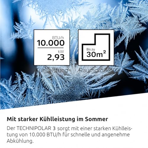TechniSat TECHNIPOLAR 3 - mobiles Klimagerät mit Abluftschlauch, Weiß | bis 30 qm Raumgröße, 10000 BTU/h Kühlleistung, Luftentfeuchter, Ventilator, Timer, Fernbedienung, Fensterkitt, max. 64 dB