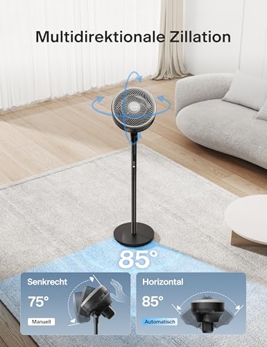 PELONIS Standventilator mit Fernbedienung Touch Display 3D Zirkulation 36.5dB Leise 10m Luftstrom Höhenverstellbar 60/111cm 4 Stufen mit Timer, Abnehmbarer Schutzgitter Rotationslüfter