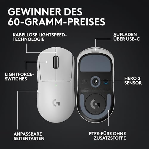 Logitech G PRO X SUPERLIGHT 2 kabellose Gaming-Maus | Für PC/Mac, 60 g Pro-Grade-Maus, 5 programmierbare Tasten, 44K-DPI-Sensor, 8.000 Hz Signalrate, USB-C-Ladefunktion - Weiß