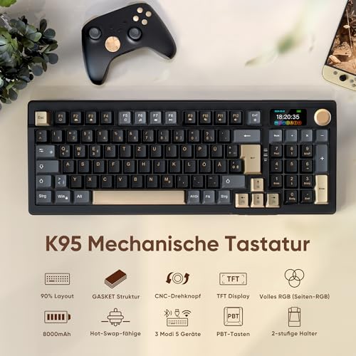 RedThunder K95 Kabellose Mechanische Gaming-Tastatur mit 1,88” Display & Knopf, QWERTZ 96 Tasten, Gasket, BT/USB-C/2,4GHz, Software, Hot-swap, Linear-Pink-Schalter, RGB, PBT-Tastenkappen, 8000mAh.