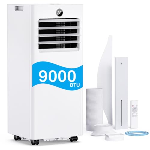 Klimaanlage Mobil 9000 BTU, Mobiles Klimagerät mit Abluftschlauch, Kühl-/Ventilations-/ Entfeuchtungs-/Schlafmodus 4-in-1, Digitalanzeige & Fernbedienung, 24H Timer, 360° Rollen, Inklusive Fensterset