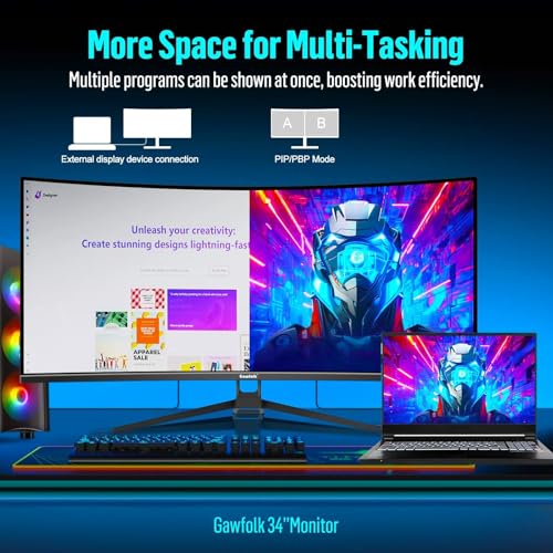 Gawfolk Gaming Curved Monitor 34 Zoll 165Hz, 1500R Ultrawide PC Bildschirm UWQHD 3440x1440P, Gebogenes Computerbildschirm, VA, Displayport, HDMI, VESA 75 * 75mm