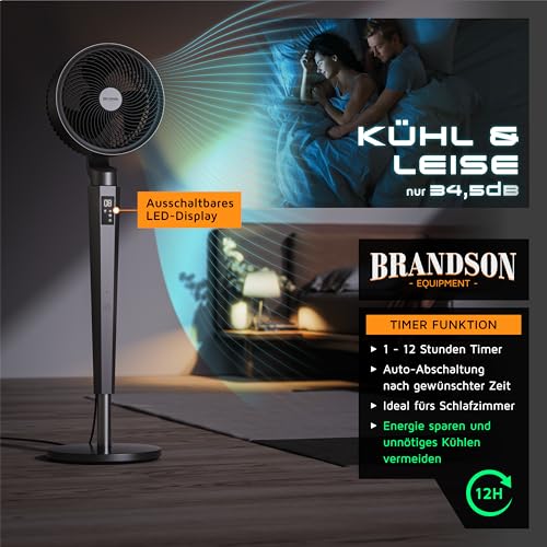 Brandson - 3D Standventilator mit DC Motor – ECO Design sehr leise – Sieger Ventilatoren und Luftkühler 2026-60% Energieeinsparung – 24 Geschwindigkeiten – horizontale und vertikale Oszillation