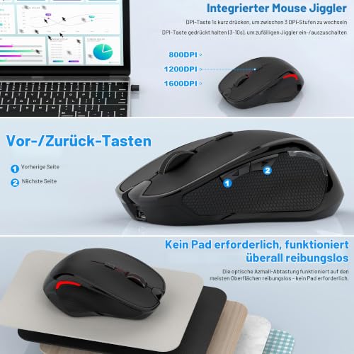 Azmall Ergonomische Maus Kabellos für Laptop/PC/MacBook/iPad, 2.4GHz & Bluetooth Büro Stumme Funkmaus, 1600 DPI Optical Tracking Für Links und Rechtshänder (Schwarz, Silent Kabellose Maus)