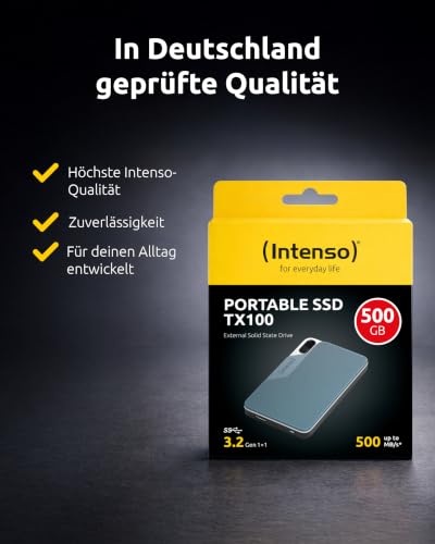 Intenso TX100 500GB - Externe SSD USB 3.2 Gen 1x1 Tragbare Festplatte | Bis zu 500 MB/s Lesegeschwindigkeit - Kompakter Speicher fuer PC, Laptop, Mac, PS5 & Xbox - Robust und Stossfest