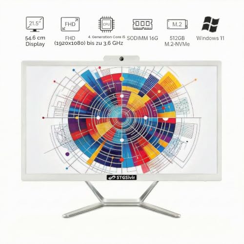 STGSivir All in One PC, 21.5" FHD Display, Core i5, 16G RAM, 512G SSD | PC All in One, WLAN, BT 5.0, Webcam, Win11 Pro, Weiß, AIO PC für Zuhause & Büro