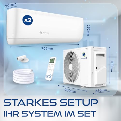 ZENIRO Multi Split Klimaanlage 2 Innengeräte Set (2 x 3,5kW) Klimagerät Air Conditioner mit Heizfunktion 21000 BTU 6,2kW A++ WiFi/App-Steuerung 4D AirFlow Heizen bis -20°C Vorgefüllt R32