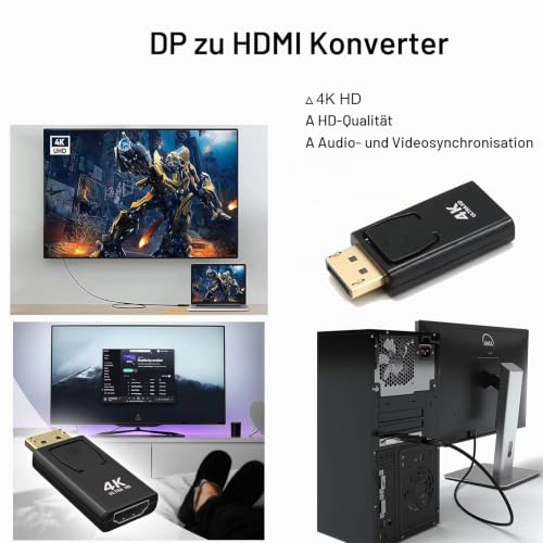 EasyULT DP zu HDMI Adapter, 4K DisplayPort zu HDMI Adapter mit Audioübertragung und Gute Qualität Auflösung