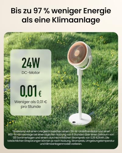SwitchBot Standventilator mit Luftzirkulation mit RGB-Beleuchtung, 22 dB-ultra-leise, Fernbedienung, Matter via Hub, 9,15 m³/min Luftstrom, höhenverstellbar, 4 Modi, 9 Geschwindigkeiten, 9h-Timer