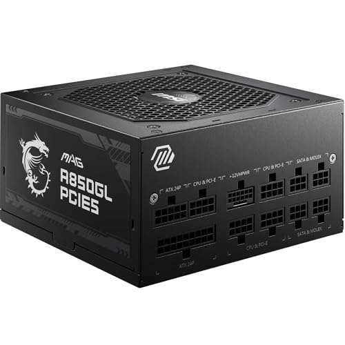 MSI MAG A850GL PCIE5-850W 80 Plus Gold Netzteil | Voll modular, ATX 3.0, unterstützt PCIe 5.0 GPU, 120mm FDB Lüfter mit dynamischen Kugellager