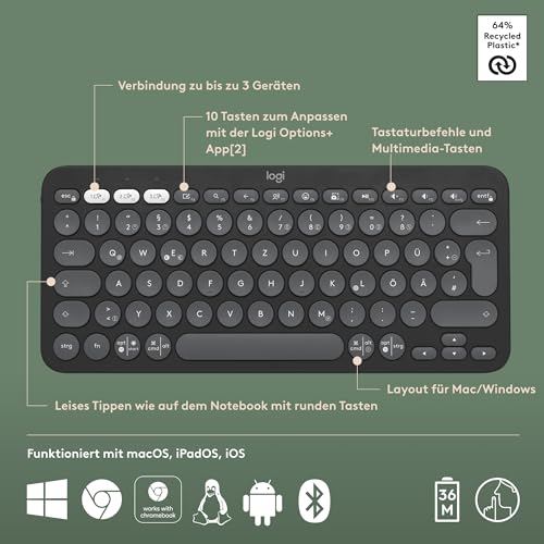 Logitech Pebble Keys 2 K380s, kabellose Multi-Device Bluetooth-Tastatur
