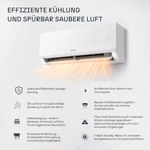 ENVIRON® Split Klimaanlage A+++ | - WiFi/App Funktion | 19 dB – leiser als Ihr eigener Atem | vergoldeter Verdampfer und Kondensator (Mit Wandhalterung, 12.000 BTU (3,5 kW))