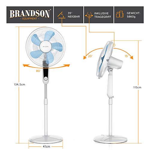 Brandson Standventilator leise, DC-Motor, Fernbedienung, 24 Stufen, Weiß | Ventilator oszillierend 80°, höhenverstellbar, Kopf 35° neigbar, Timer bis 7,5 h, 2934 m³/h, LCD-Display, für Schlafzimmer
