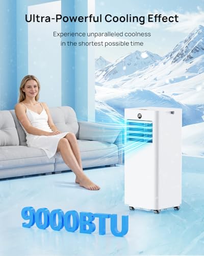 Klimaanlage Mobil 9000 BTU, Mobiles Klimagerät mit Abluftschlauch, Kühl-/Ventilations-/ Entfeuchtungs-/Schlafmodus 4-in-1, Digitalanzeige & Fernbedienung, 24H Timer, 360° Rollen, Inklusive Fensterset
