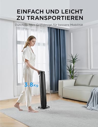 Midea Turmventilator FZ10-17JR, 92cm, mit Fernbedienung, Schwarz | 3 Modi, 3 Geschwindigkeiten, 7h Timer, 45W, Leise, fuer Schlafzimmer & Wohnzimmer