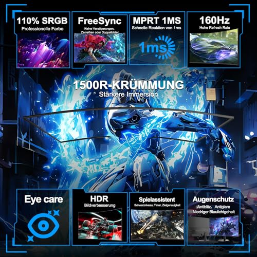 Minifire Gaming Curved Monitor 24 Zoll, 160Hz, Curved Gaming Monitor 1500R, 1Ms, sRGB110%, FHD 1080P Computer Screen, VESA Compatible, Eye Care Adaptive Sync HDMI＆DP Ports （MFG24C1L ）