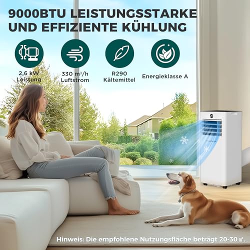 HAUSHOF Mobile Klimaanlage 9000 BTU, 4-in-1 Klimagerät mit Abluftschlauch & Isolierhülle, Kühlen/Entfeuchten/Ventilieren/Nachtmodus, 330 m³/h, mit Fensterdichtungsset, für Räume bis 30 m²