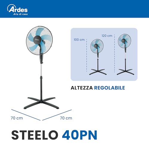 Ardes STEELO 40PN Standventilator 50W 40 cm mit Automatischer Oszillation, Höhen- und Neigungsverstellung, 3 Geschwindigkeiten, Total-Black-Design und 5 Flügel