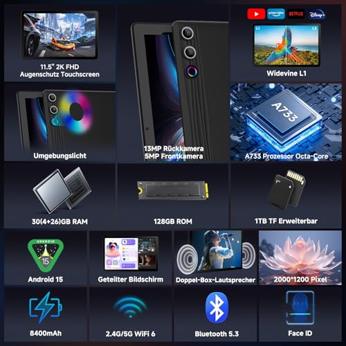 Tablet｜Android 15 Tablet 11,5 Zoll Octa-Core, Android Tablets 30GB+1TB TF, 2000*1200 FHD 90Hz Display, 8400mAh, Widevine L1, 13MP Kamera, WiFi 6&BT 5.3, Tablet PC für Arbeit/Studium - Schwarz