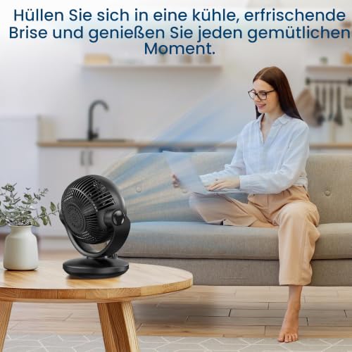 Deeylious Ventilator Leise, 22dB Tischventilator sehr Leise, Fan mit 3 Geschwindigkeiten 100°+70° Verstellbare Neigung für 20m² Räume, Kraftvoll 3D Turbo Ventilatoren für Büro, Schlafzimmer, Schwarz
