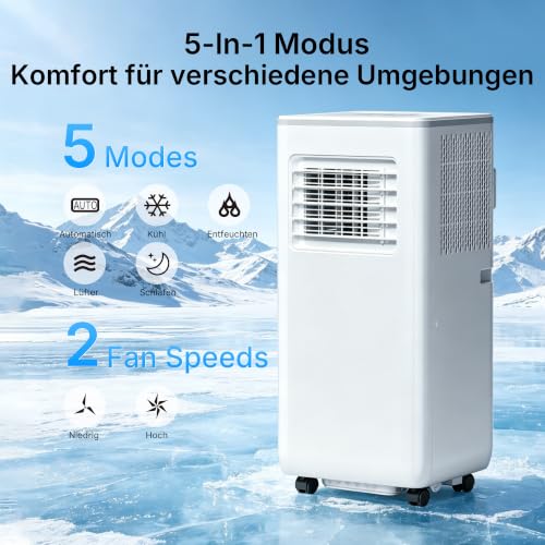 HEALLUX Mobile Klimaanlage 9000 BTU 2,6 kW, tragbares Klimagerät mit Fernbedienung & Abluftschlauch, 4-in-1: Kühlen, Lüften, Entfeuchten, Timer 24h, für Räume bis 40 m², Weiß