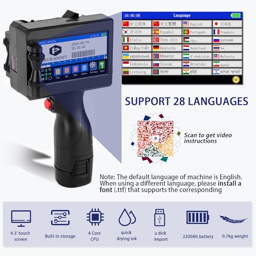 Eurannit Tragbarer Handdrucker E15-1,25.4mm Hand Tintenstrahldrucker mit 1" ER521 Schnell Trocknende Tinte für Text Barcode Datum Logo Chargennummer Druck auf Karton Stoff Holz Kunststoff Metall Glas