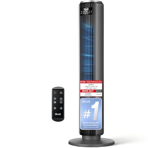 Levoit 20dB leiser oszillierender Kühl Turmventilator mit Schlafmodus | 4 Modi, 5 Stufen, 90° Oszillation, Timer und Fernbedienung, besonders leise Ventilator für Schlafen und Wohnen
