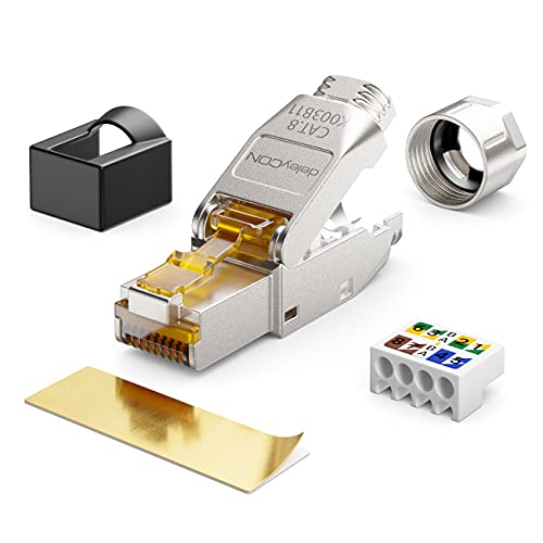deleyCON CAT 8 Netzwerkstecker RJ45 werkzeuglos 40 Gbit/s, 4 Stück | Werkzeuglos, geschirmt, für starre Verlegekabel, Rohkabel, Steckverbinder RJ45 Ethernet LAN DSL Patchkabel