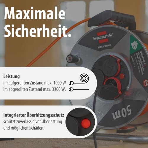 Brennenstuhl Garant S V2 IP44 Kabeltrommel 50m outdoor aus Stahlblech | Made in Germany, Kabel in Signalfarbe orange, kurzfristiger Einsatz im Außenbereich