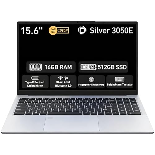 Auusda Notebook 15,6 Zoll, 16GB RAM, 512GB SSD, Fingerabdrucksensor, beleuchtete Tastatur, Ziffernblock, leicht für Schule & Büro