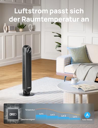 DREO Leiser Turmventilator, 10 m Wurfweite 8 Geschwindigstufen 4 Modi 8 Std. Timer 90° oszillierende Ventilator mit Kühlung Fernbedienung für Schlafzimmer,Turmventilator 307, Schwarz