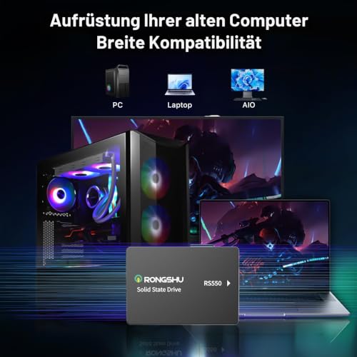 RONGSHU 256GB SATA SSD 2.5'' Interne SSD Festplatte, 2,5 Zoll SATA III 6 Gb/s, 550MB/s Lesen, 500MB/s Schreiben 3D NAND TLC Internes SSD, Upgrade Laptop PC und Desktops Speicher und Storage (RS550)
