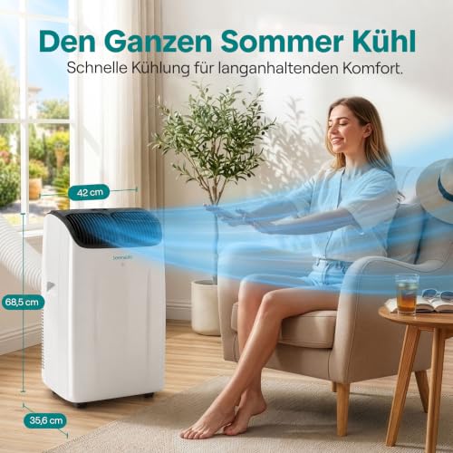 SereneLife Klimaanlage Mobil 14.000 BTU mit Heizfunktion – Kleine Klimaanlage für Zimmer bis 32 m² | Kühlen, Heizen, Entfeuchter & Ventilator | 51 dB | Grau