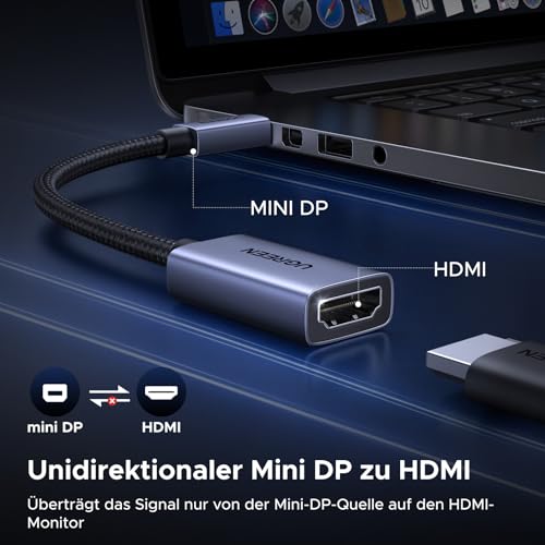UGREEN 4K 30Hz Mini Displayport auf HDMI Adapter Unidirektional | Aluminium Mini DP auf HDMI Thunderbolt 1/2 Unterstützt 4K 30Hz 2K 60Hz 1080P 120Hz, 10,2 Gbit/s, HDR, Plug-and-Play