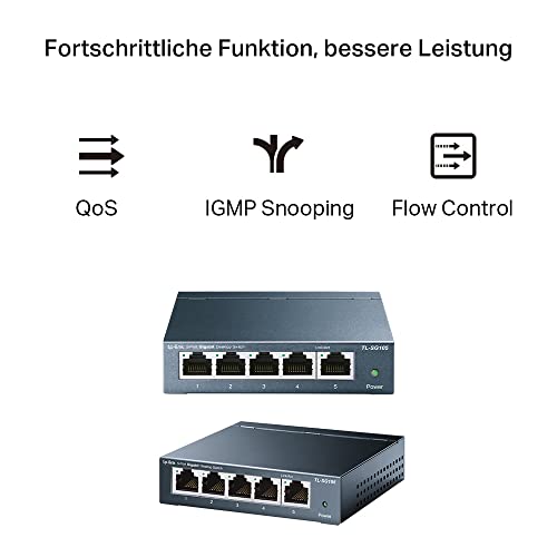 TP-Link TL-SG105 5-Ports Gigabit Netzwerk Switch (bis 2000 MBit/s im Vollduplexmodus, geschirmte RJ-45 s, Metallgehäuse, optimiert Datenverkehr, IGMP-Snooping, unmanaged, lüfterlos) blau metallic