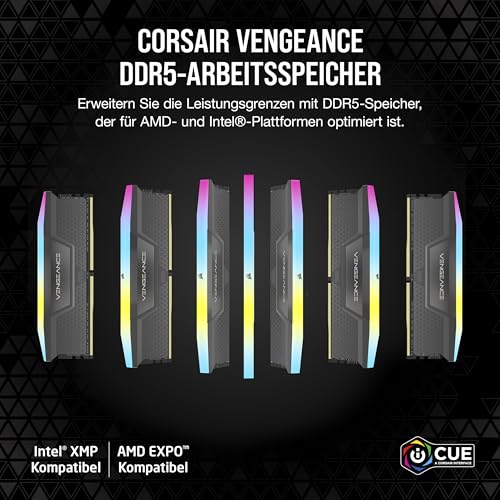 CORSAIR VENGEANCE RGB DDR5 RAM 64GB (2x32GB) Bis zu 6000MHz CL40-40-40-77 1.35V AMD EXPO Intel XMP 3.0 Desktop-Arbeitsspeicher – Grau (CMH64GX5M2B6000Z40)