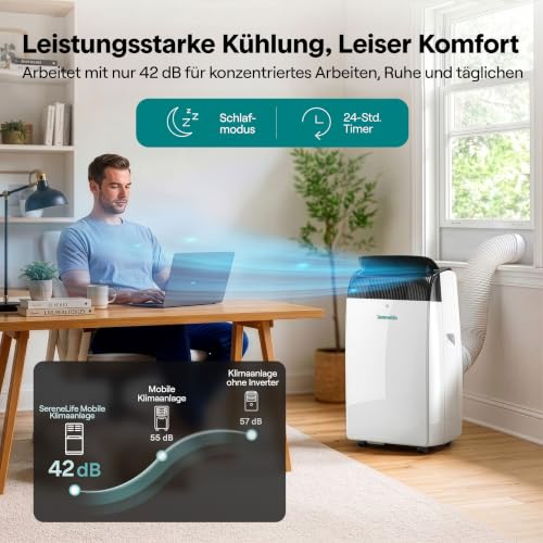 SereneLife Mobile Klimaanlage mit WLAN 16000 BTU 4,69kW- Klimagerät mit Abluftschlauch und Fensterkit, 4-in-1: Kühlen Heizen Entfeuchten Ventilieren, Fernbedienung, Timer, Sleep Mode, bis 50m²